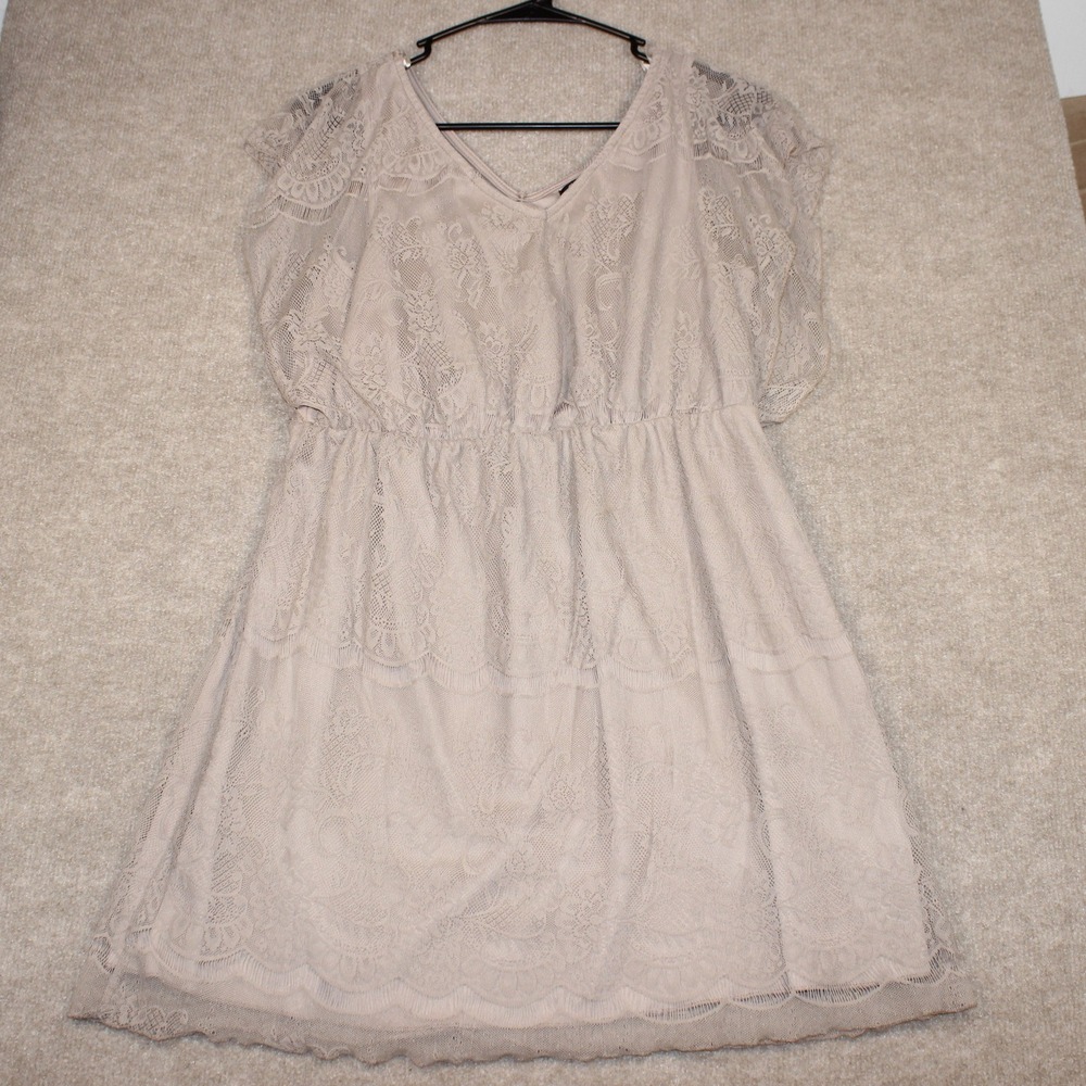 Rhapsody Womens XL Taupe Beige Floral Lace V-Neck Mini Dress Short Sleeve Lace